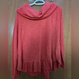 Maeve S Orange/Coral Addie Ruffled Hacci Cowlneck Pullover